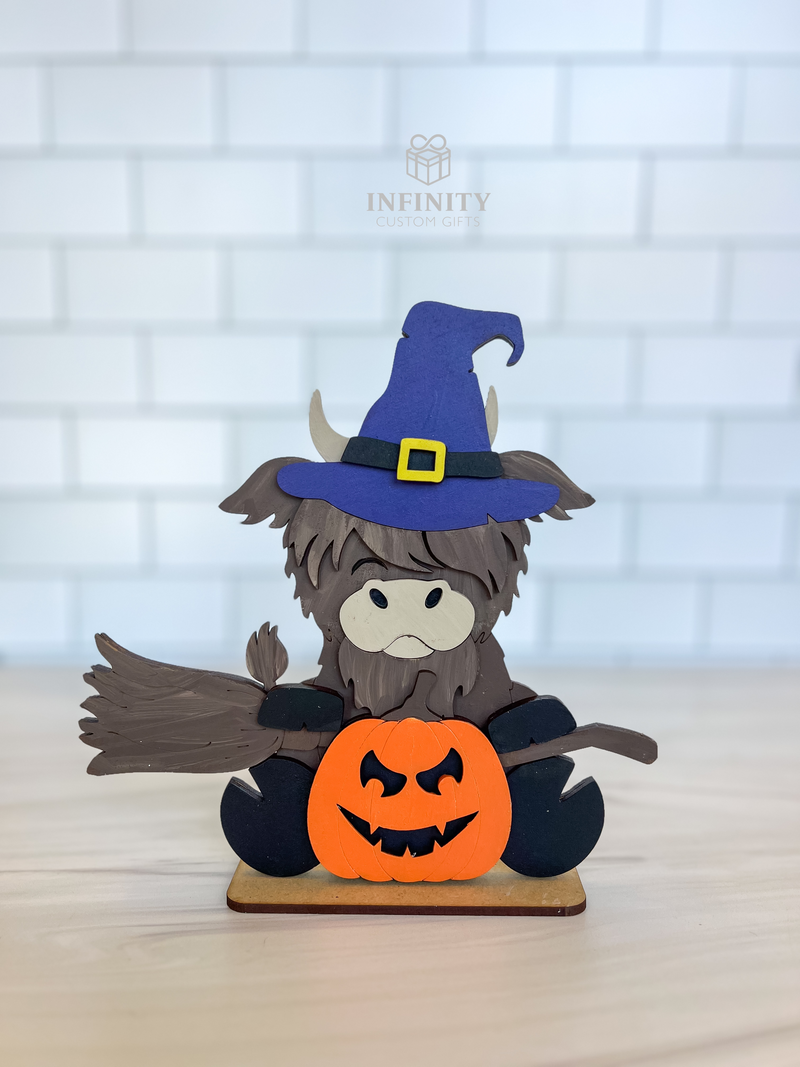 Highland Cow Witch with Pumpkin Shelf Sitter