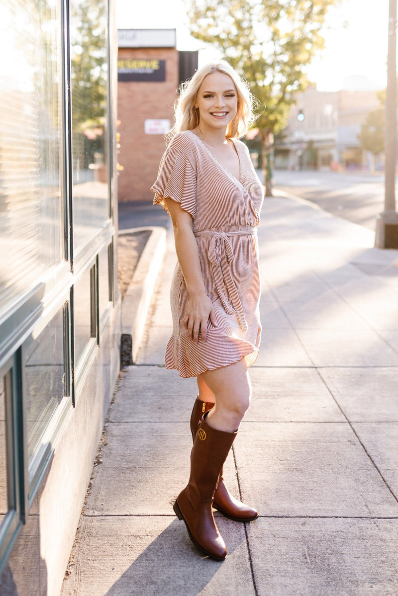 We Call That A Wrap Striped Dress In Rust