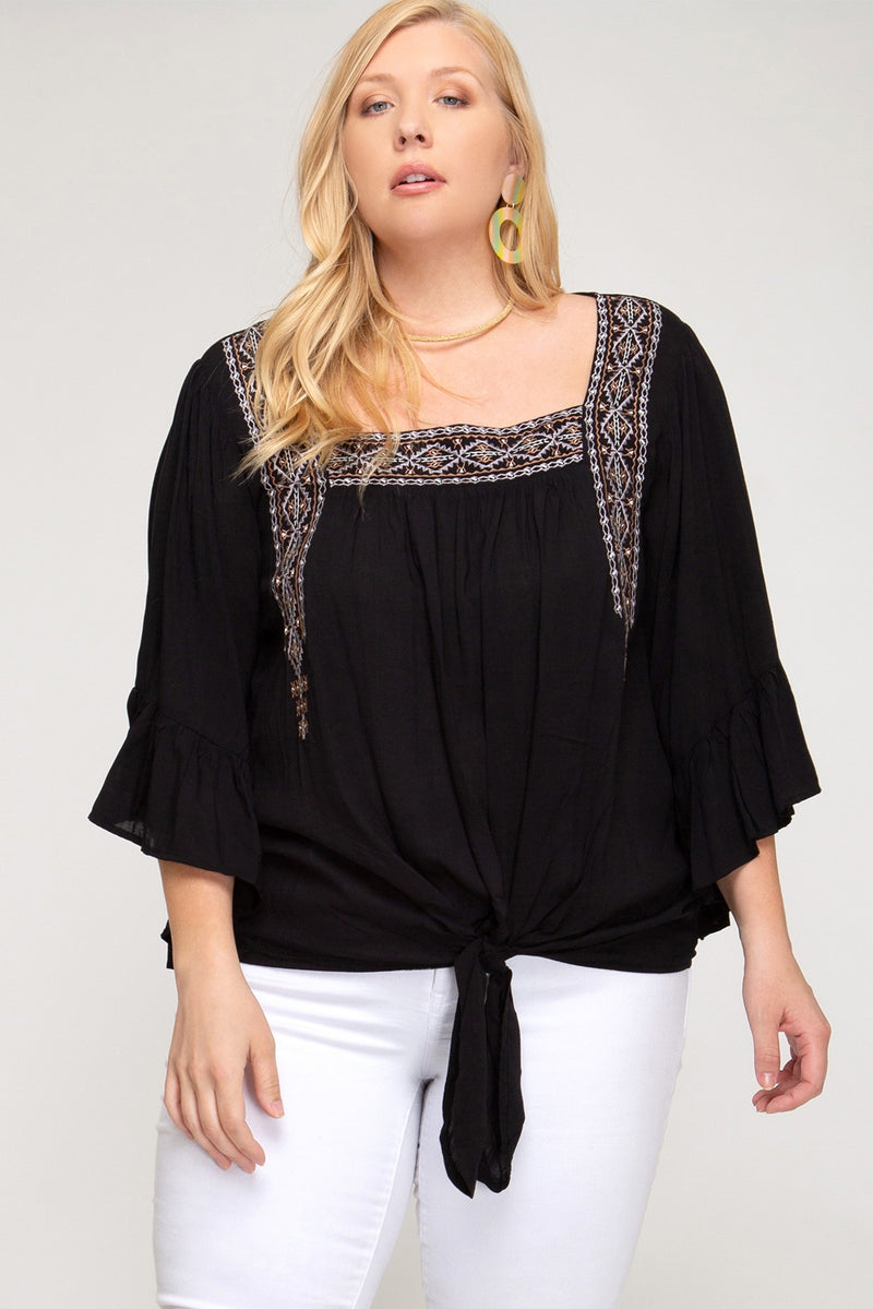 Aztec Embroidered Flounce Sleeve Top