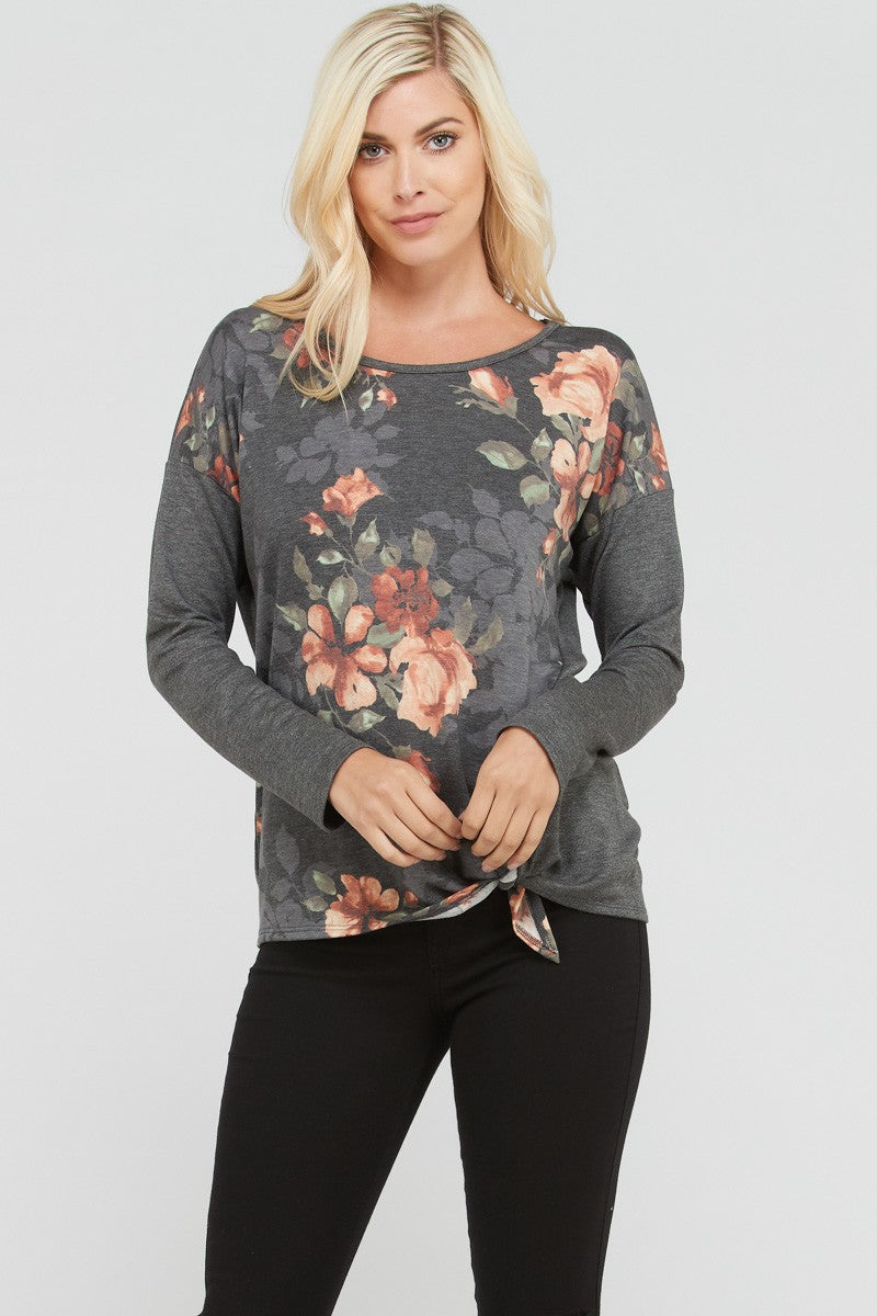 Floral Front Solid Back Tie Top - Charcoal