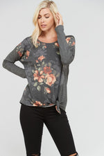 Floral Front Solid Back Tie Top - Charcoal