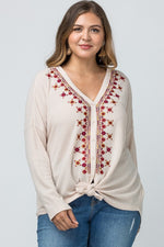 Embroidered Button Front Top - Oatmeal