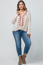 Embroidered Button Front Top - Oatmeal