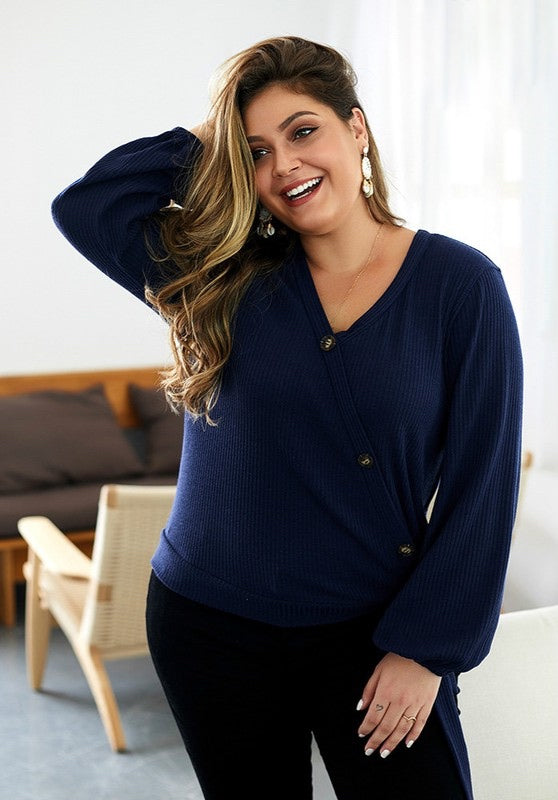 Ribbed Knit Button Down Top - Navy
