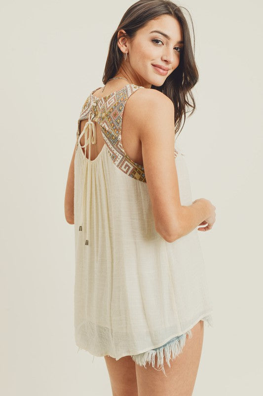 Mixed Embroidery Open Back Tank Top