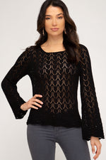 Bell Sleeve Crochet Sweater - Black