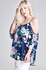 Floral Cold Shoulder with Bell Sleeves Top - Navy