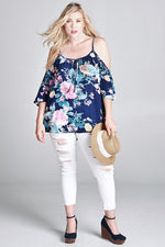 Floral Cold Shoulder with Bell Sleeves Top - Navy