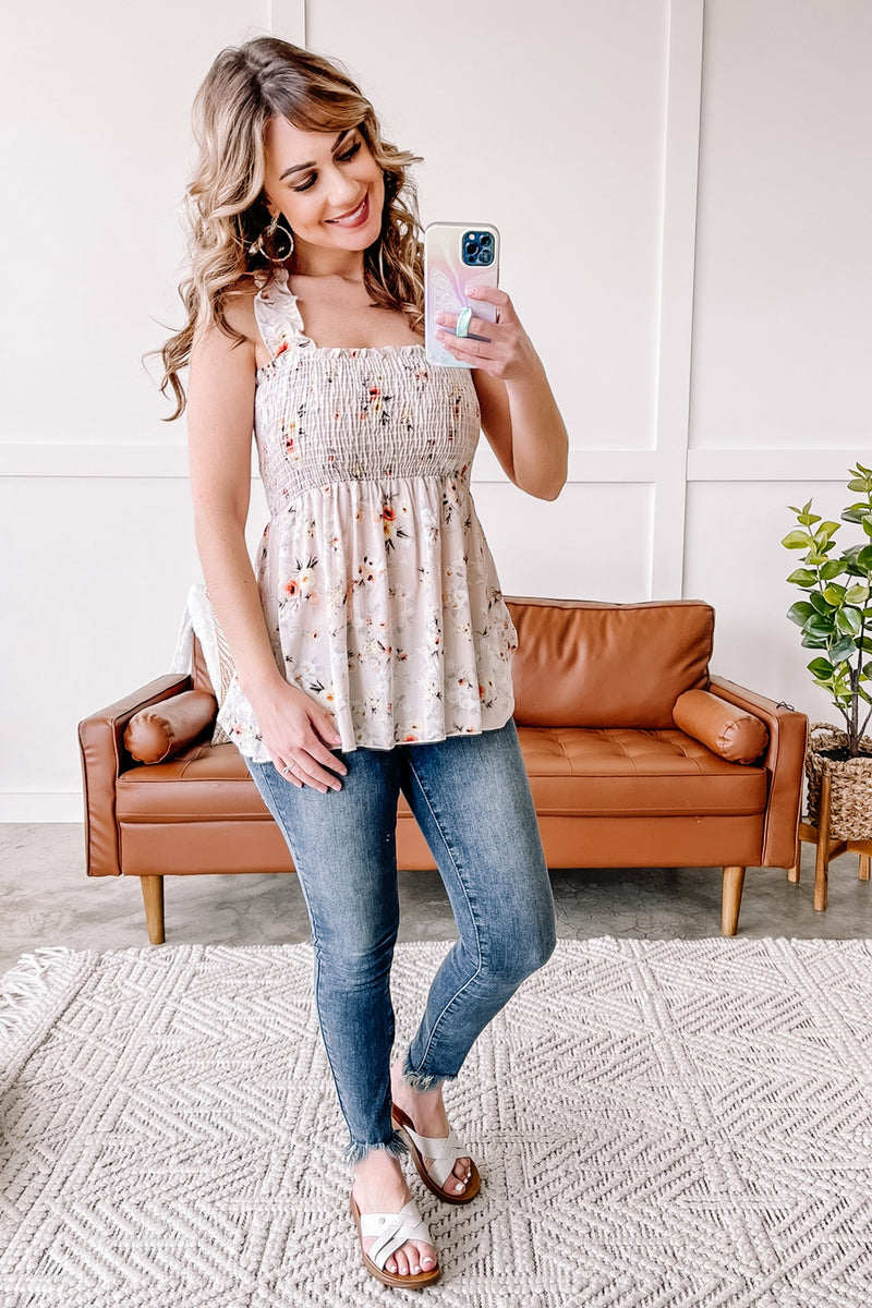 Posie The Question Smocked Sleeveless Floral Top